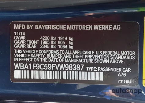 2015 BMW 228I z USA, uszkodzony, nr VIN WBA1F9C59FVW98387